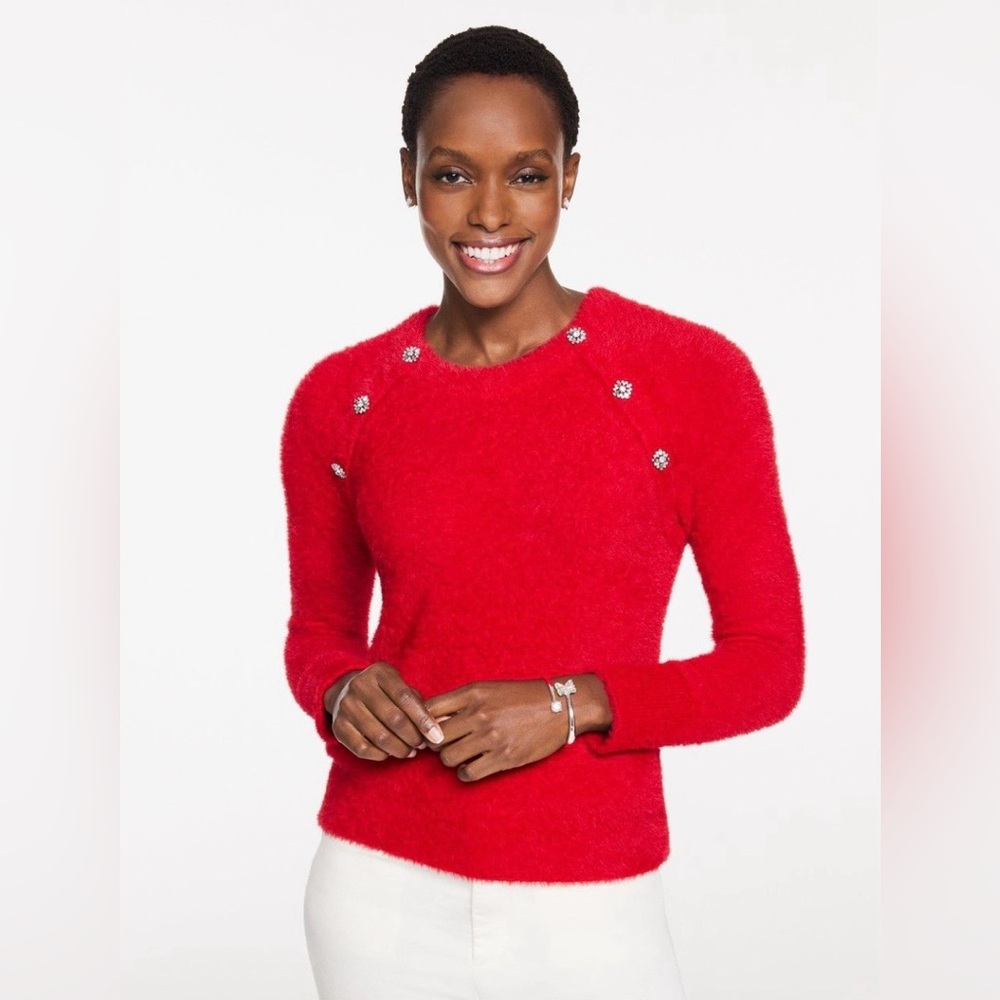 Talbots Plush Crewneck Sweater Red With Rhinestone Beautiful Buttons Size M NWT